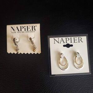 2 Pair Napier Two Tone Mixed Metal Earrings Gold Silver Tone Hoops Drops NWT